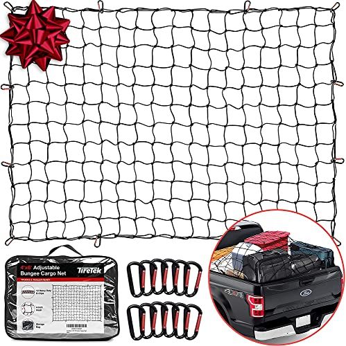  TireTek Cargo Net for Pickup Truck Bed - 4' x 6' Stretches to  8' x 12' - Heavy Duty Small 4”x4” Latex Bungee Net Mesh w/ 12 Metal  Carabiners - Truck