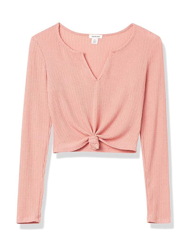 Long Sleeve Pointelle Front Tie Knit Top