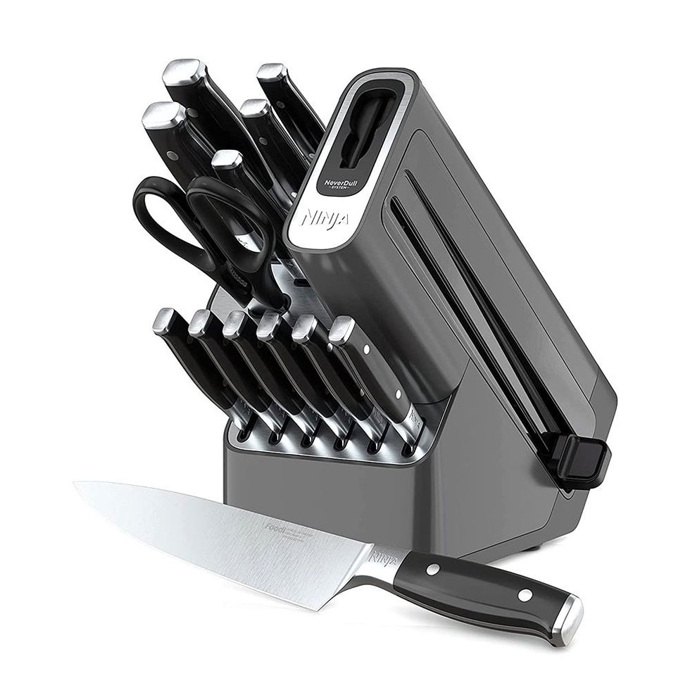 15-Piece Premium Kitchen Knife Set with Block | Master Maison German Stainless Steel Knives with Knife Sharpener & 6 Steak Knives (Gray)