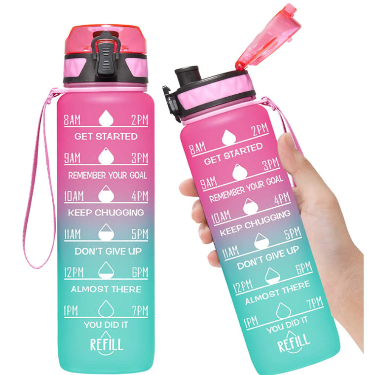 MEITAGIE 32oz Leakproof Motivational Sports Water Bottle with Straw & Time Marker, Flip Top Durable BPA Free Tritan Non-Toxic Frosted Bottle Perfect