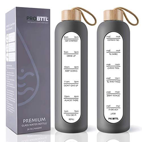32 oz Glass Water Bottle with Time Marker Reminder, Removable