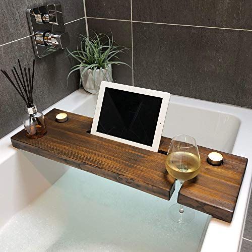 Luxury Bamboo Bath Bridge Tray Caddy with Tablet Holder & Slide-in Glass holder 