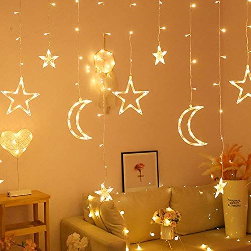 LED Fairy Lights,LED Star Moon Fairy Garland Lamp Window Curtain String Lights for Christmas Romantic Weddings Home Bedroom Party Decorations Lighting Warm Light(Battery Model)