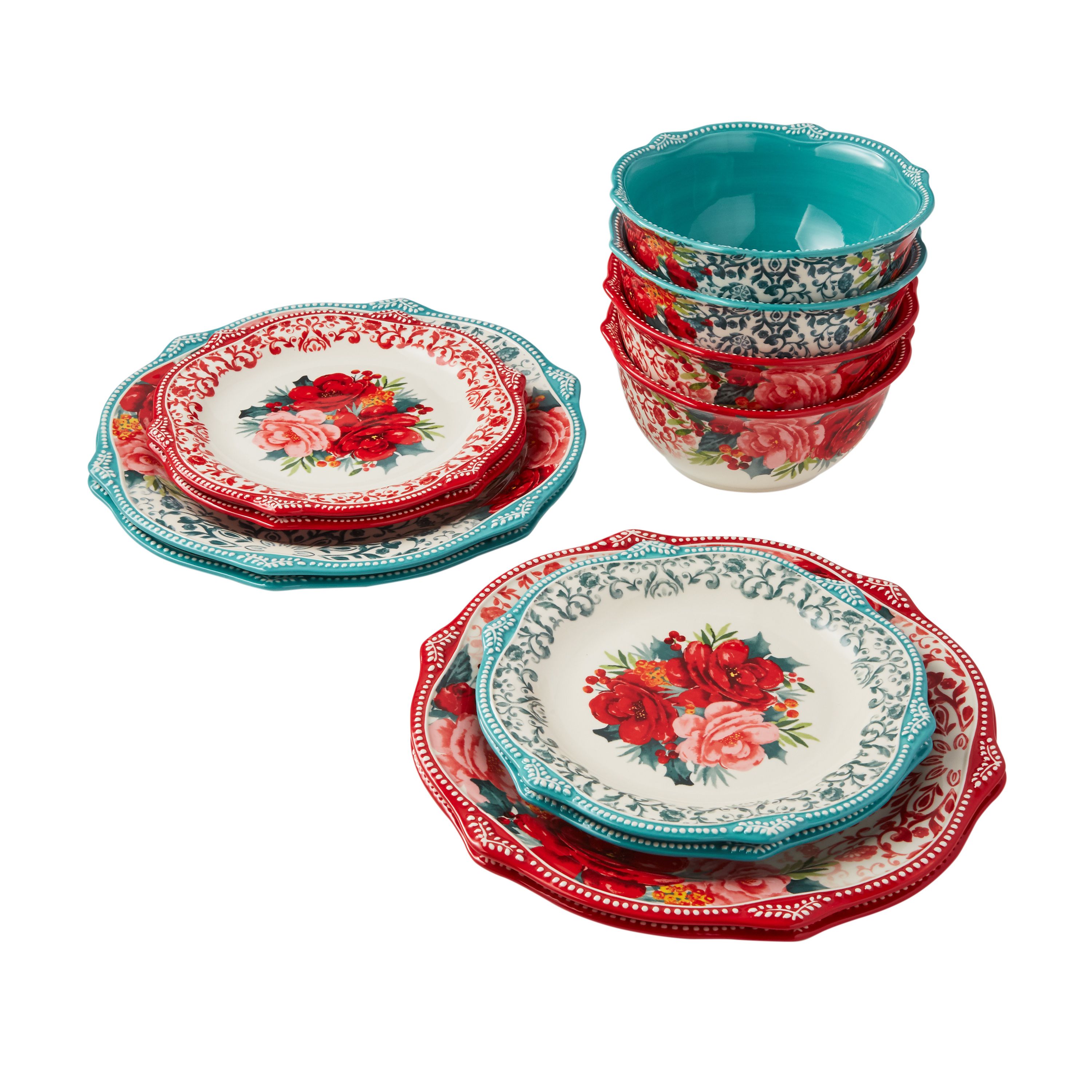 The Pioneer Woman Cheerful Rose Medallion 12-Piece Stoneware Holiday Dinnerware Set