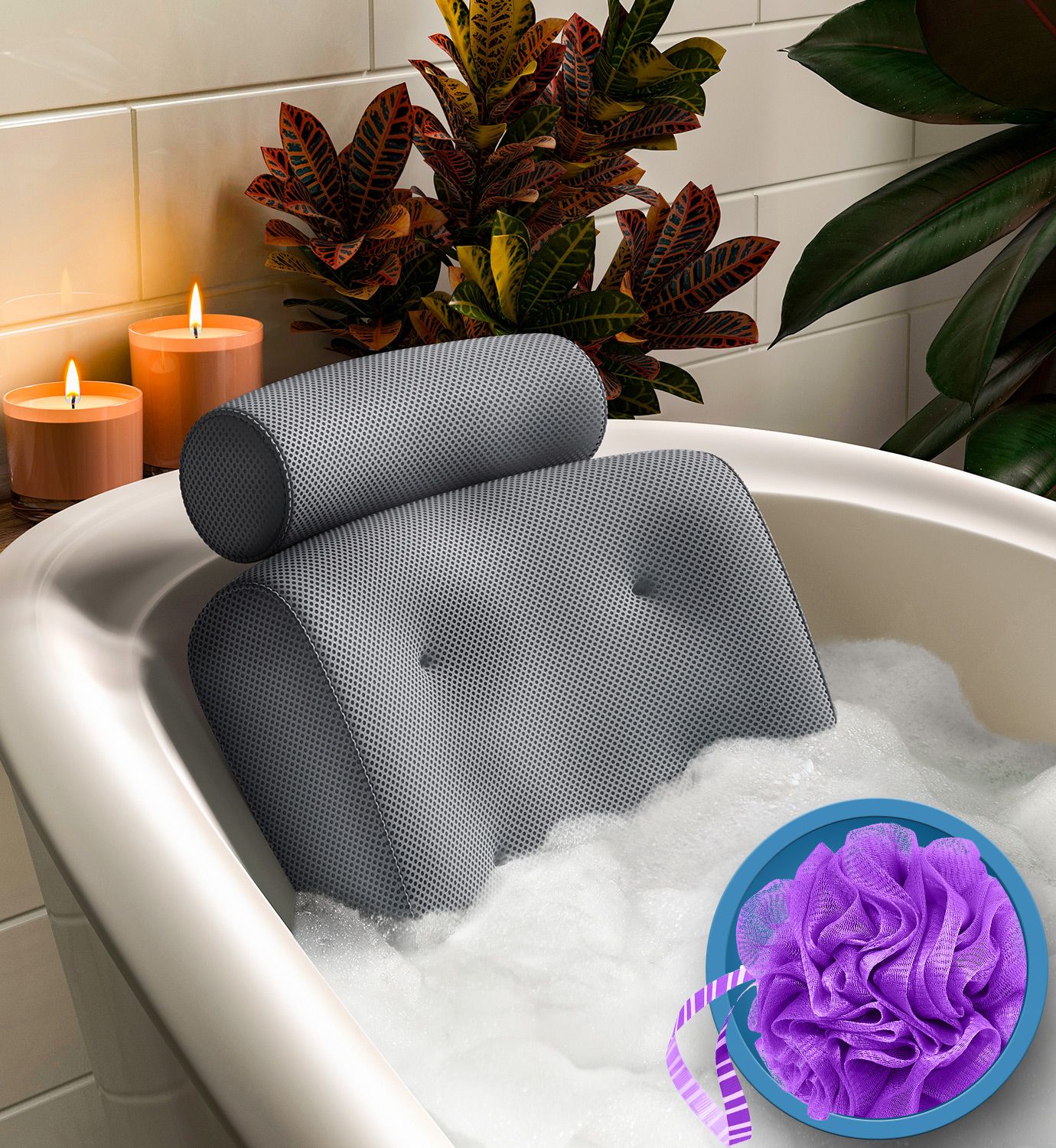 Non-Slip Spa Bathtub Pillow Extra Soft 2-Panel Design Powerful Suction Cups K9T5 