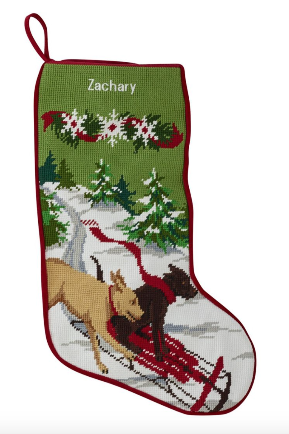 Sledding Dogs Needlepoint Christmas Stocking 