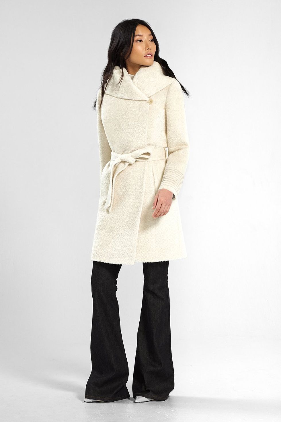 Bouclé Alpaca Mid Length Hooded Wrap Coat