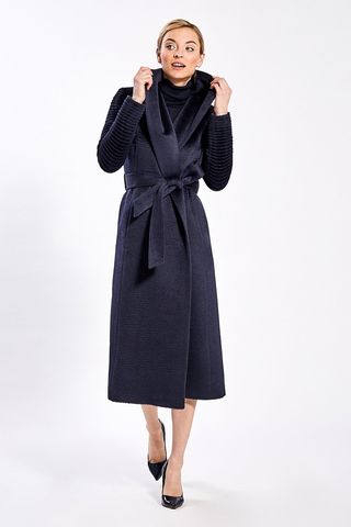 Long wrap coat with shawl collar in Suri alpaca with ribbed sleeves