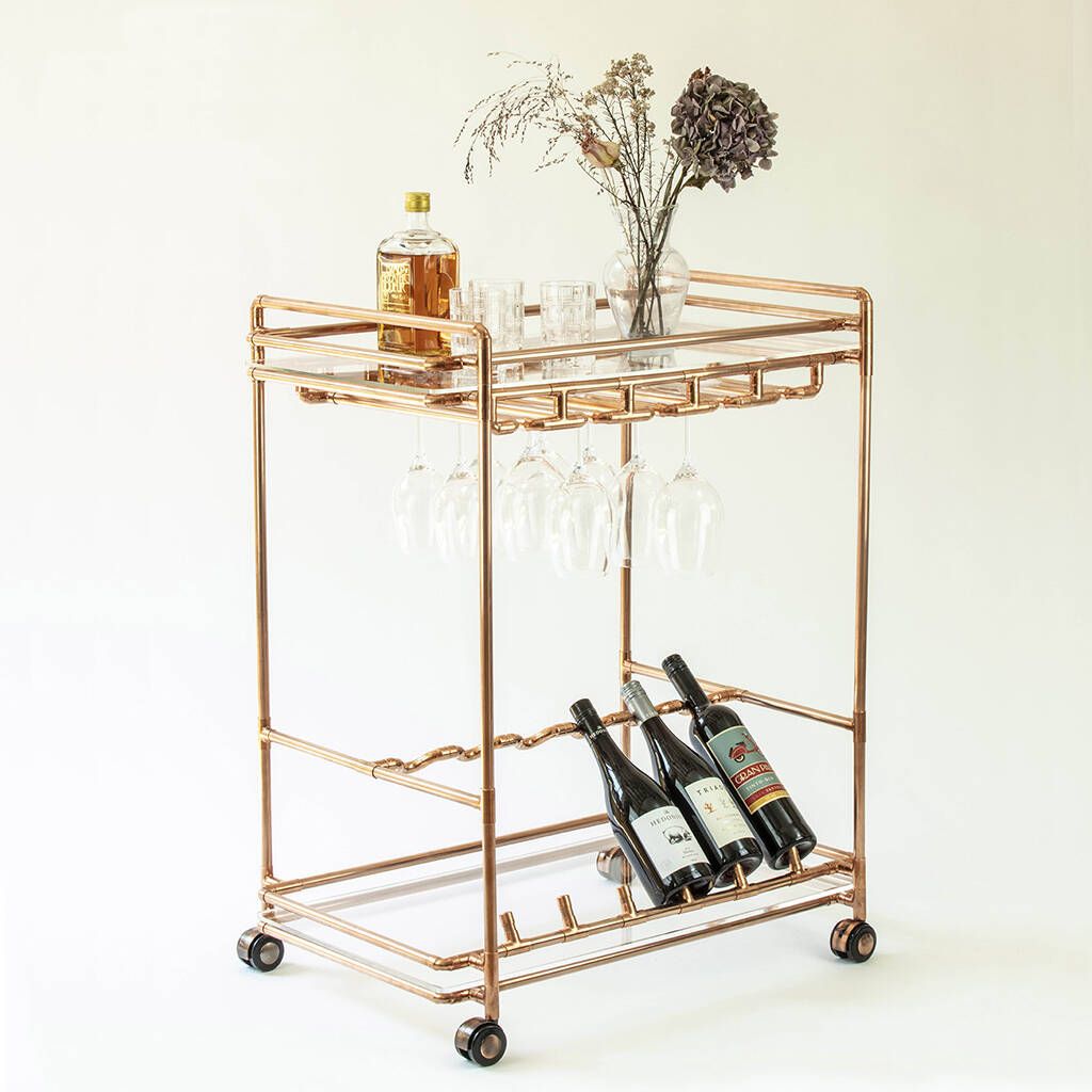 Vintage Serving Drinks Trolley Cart Gold Metal Bar Side Table Glass Shelves New 