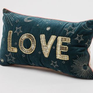 Love Beaded Blue Velvet Cushion