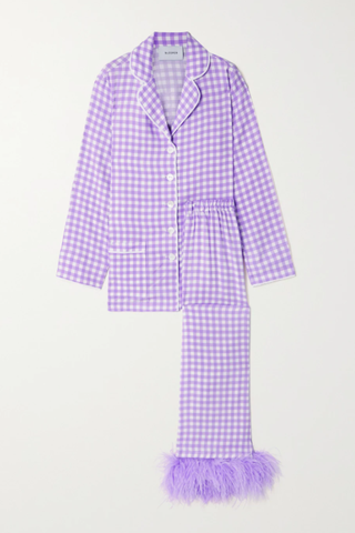Feather-trimmed gingham crepe de chine pajama set
