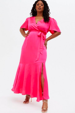 Shiny Pink Satin Asymmetric Belt Midi Wrap Dress