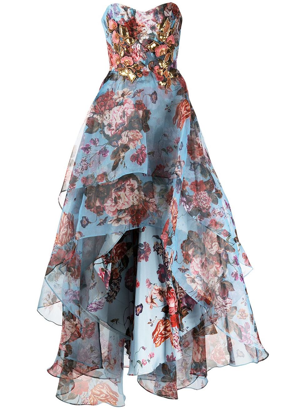 「浮誇華麗」風格洋裝推薦：Marchesa Notte平口花卉印花不規則剪裁洋裝