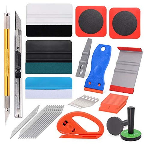 FOSHIO Vinyl Wrap Window Tint Tools Gift for Men, Plastic Scraper, Magnet Holder, Metal Plate, Corner Felt Squeegees, Vinyl Knife & Pin Pen Cutter Blades for Car Body Vinyl Head Tail Light Film Wrap