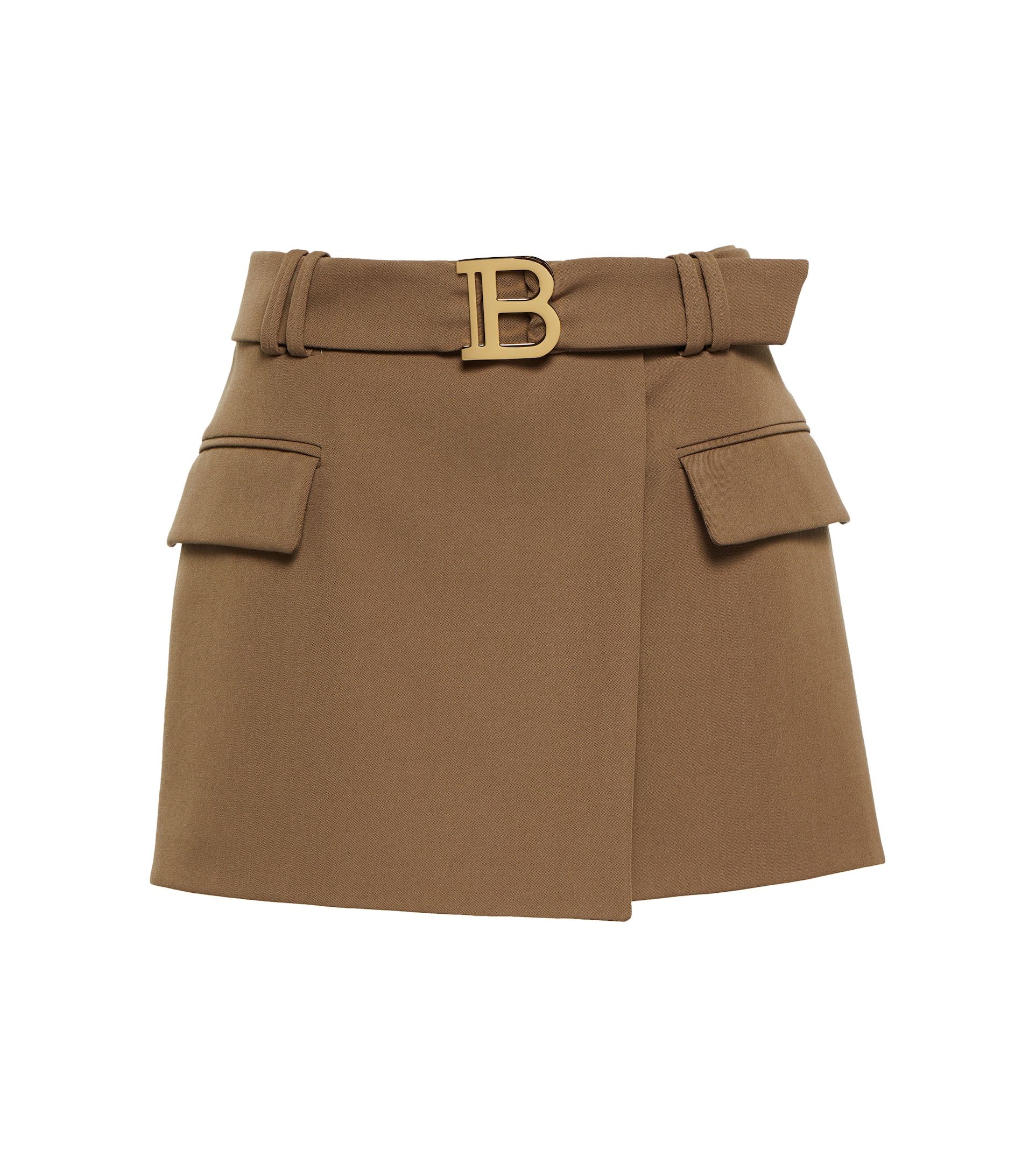 B-Buckle Wrap-Effect Wool Miniskirt