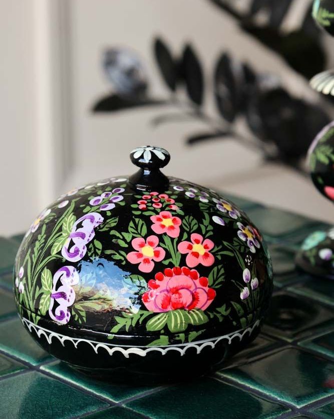 Black Floral Handpainted Decorative Pot