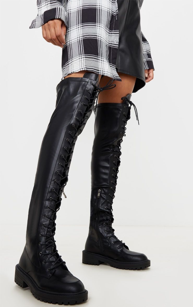 Black Lace Up Cleated Flat Over The Knee Boot