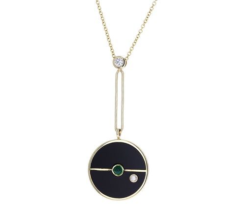 Black Onyx, Diamond and Emerald Compass Pendant Necklace