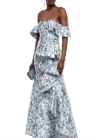 Off-the-shoulder ruffled floral-print faille gown - £458