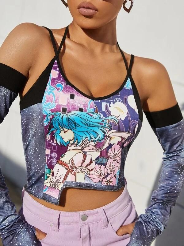 Cartoon Graphic Halter Top With Thumb Holes Sleeves