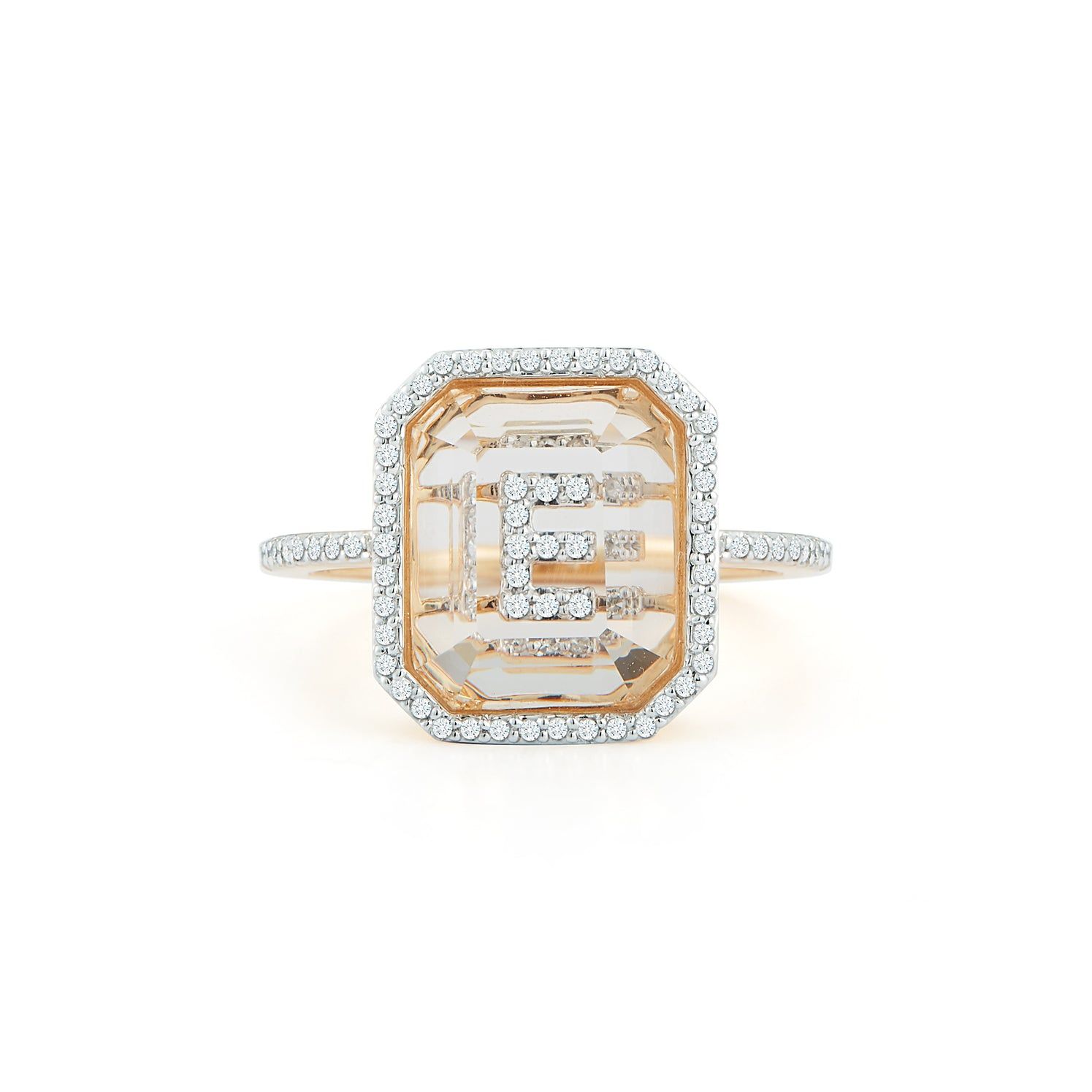 14K Gold Diamond Frame Crystal Quartz Secret Diamond Initial ring