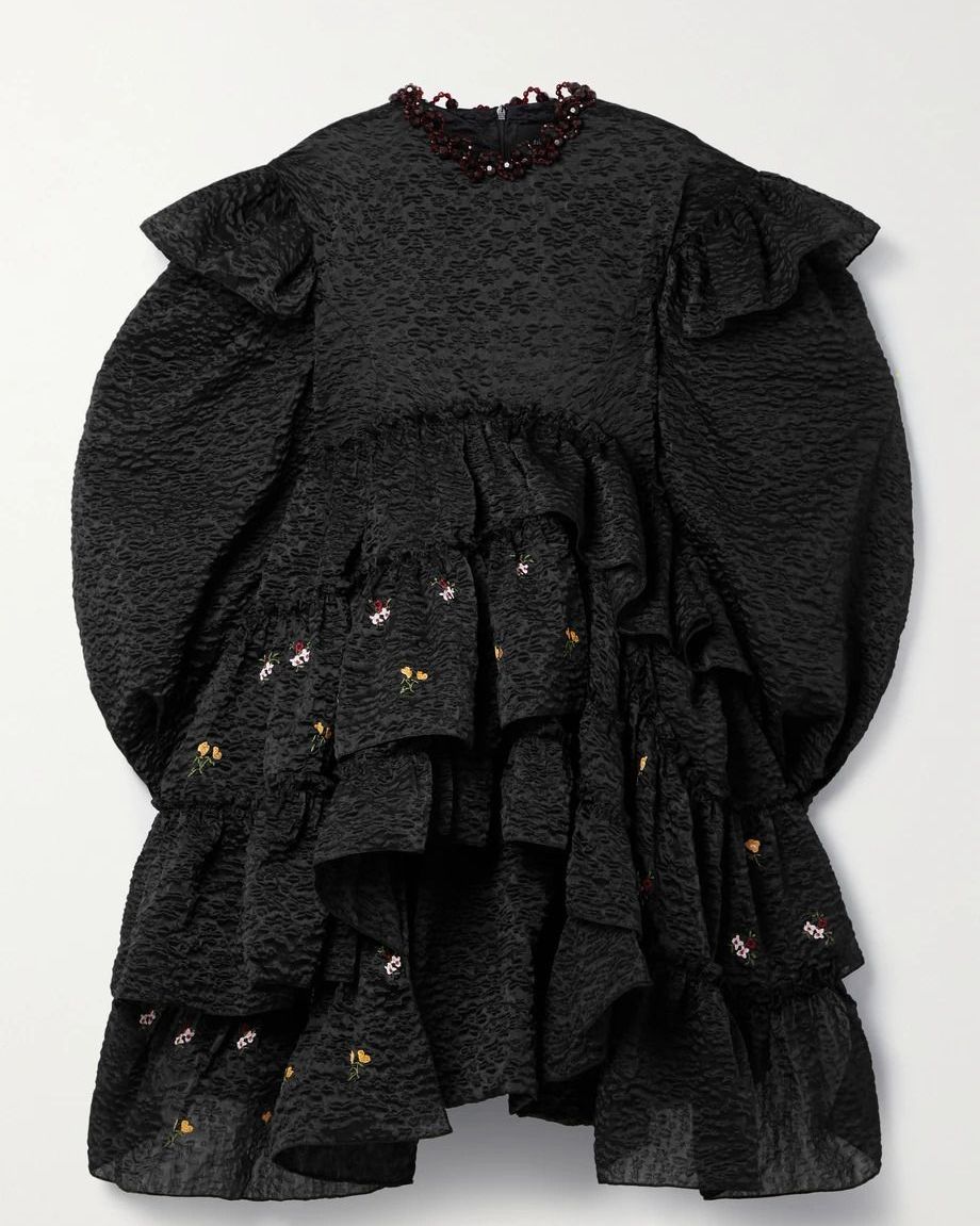 Bead-Embellished Ruffled Embroidered Cloqué Dress