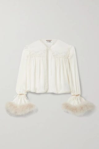 Convertible Feather And Lace-Trimmed Silk Blouse