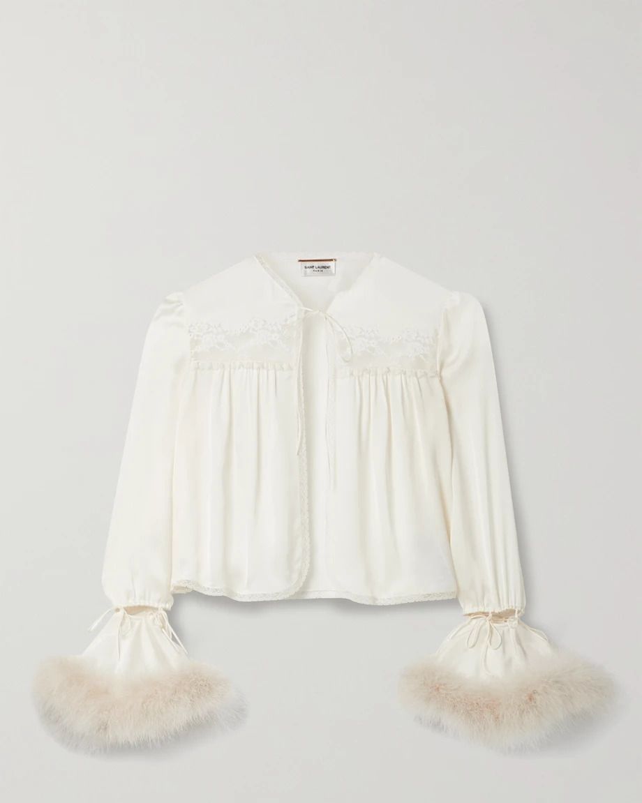 Convertible Feather And Lace-Trimmed Silk Blouse
