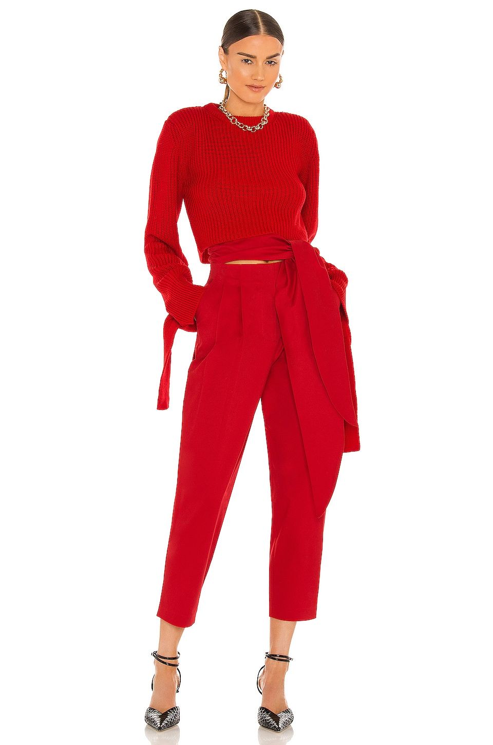 Red Contrast Seam Wide Leg Pants and Matching Shirt WMango