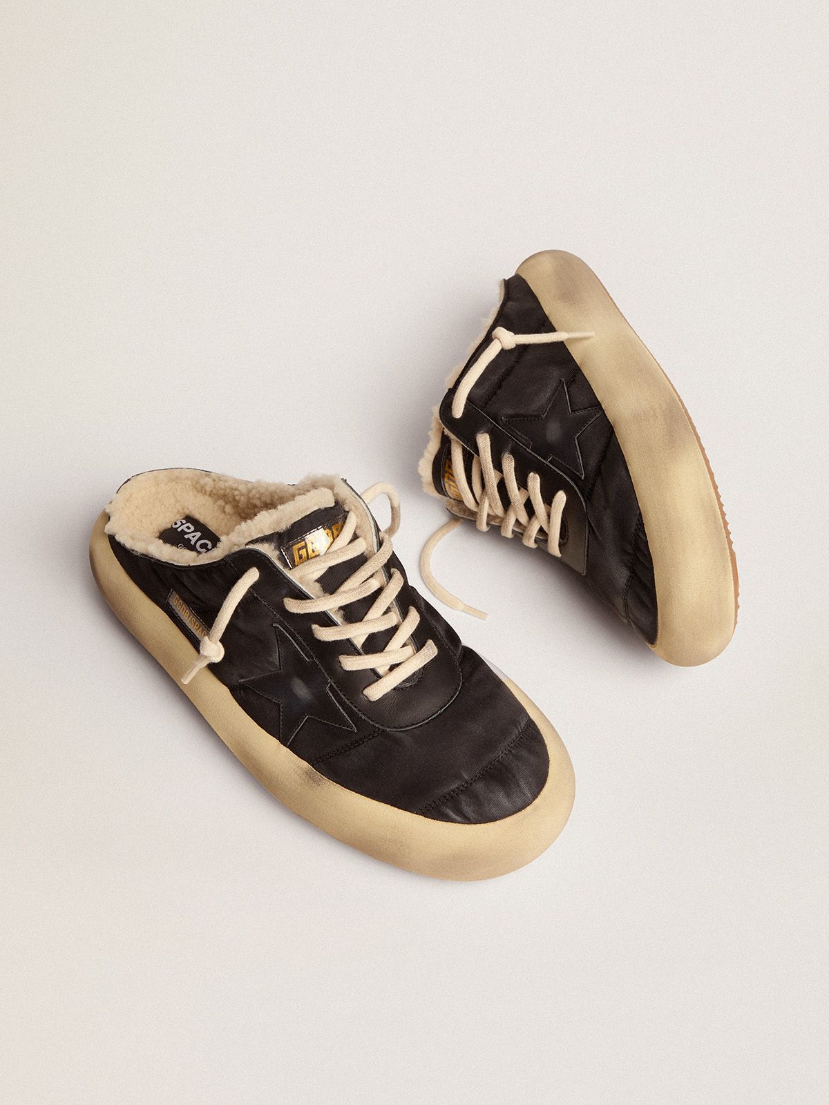 Space-Star Sabot Shoes in Quilted Black Nylon with Shearling Lining