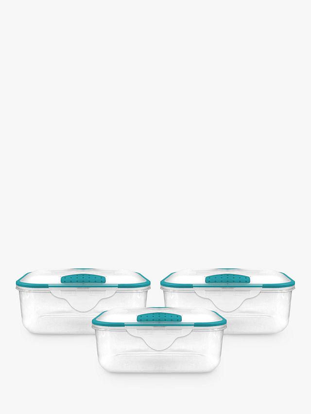 John Lewis & Partners Lock 'n' Seal Plastic Storage Containers, Set of 3, 1.2L, Clear/Teal