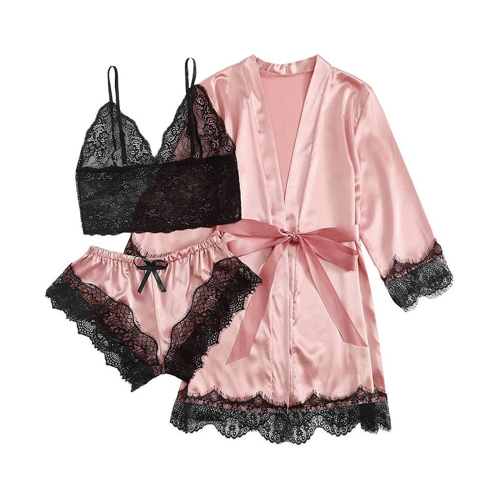 3pcs Lace Trim Satin Cami Pajama Set with Robe