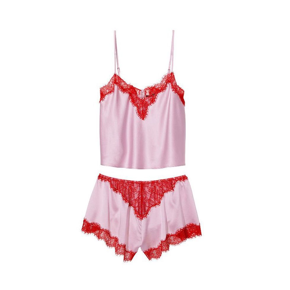 Victoria's Secret M PJ SET cami top+SHORTS RED lace buttons VALENTINE