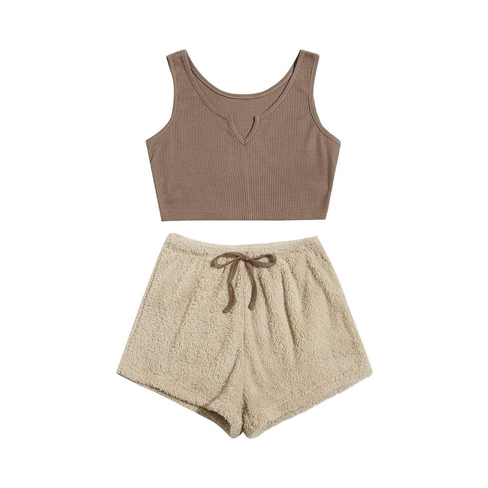 Notched Tank Top & Tie Front Teddy Shorts 