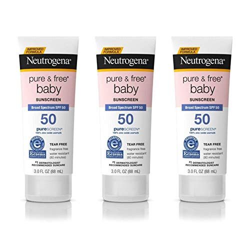 Neutrogena Pure & Free Baby Mineral Sunscreen Lotion with Broad Spectrum SPF 50 & Zinc Oxide, Water-Resistant, Hypoallergenic & Tear-Free Baby Sunscreen, 3 fl. oz, 3 pk