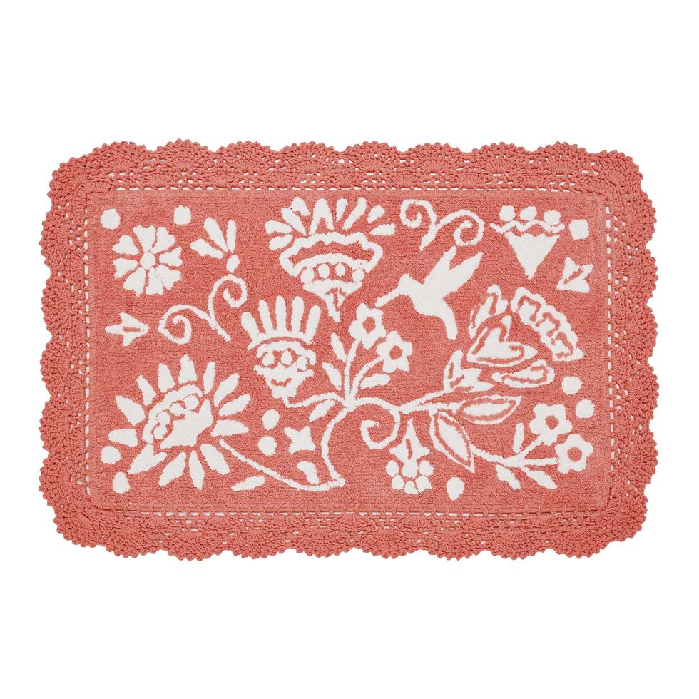 The Pioneer Woman Floral Howdy Typography Cotton Oval Bath Rug, Coral, 20  x 32 