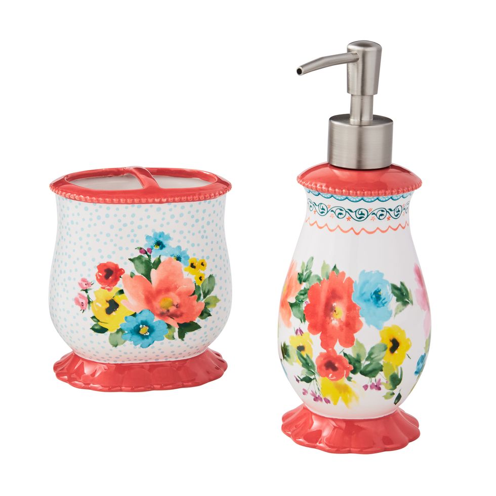 The Pioneer Woman 2-Piece Plastic Soap Dispensing Dish Wand and Palm Brush  Set, Heritage Floral