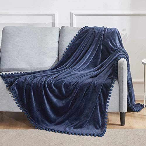 Fleece Throw Blanket with Pompom Fringe