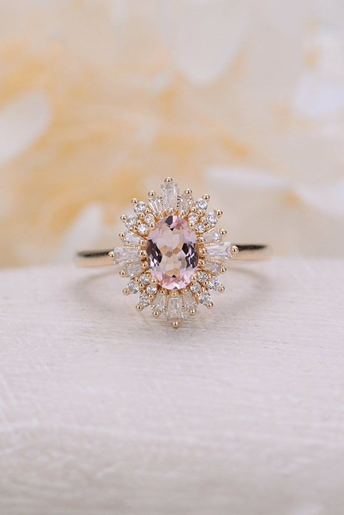 Vintage Pink Morganite Ring with Baguette Halo: Unique engagement rings