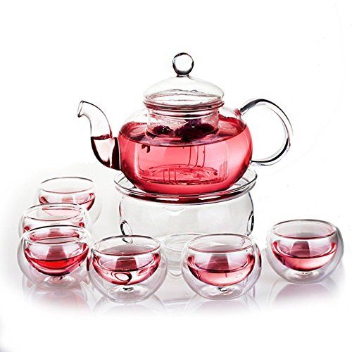 Glass Teapot with Warmer and 6 Tea Cups Set