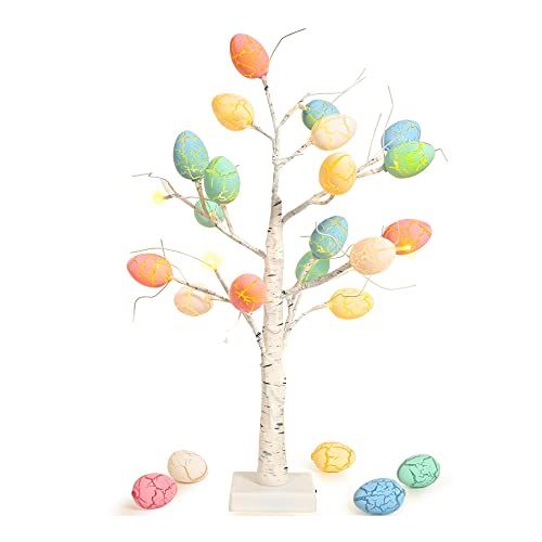 kemooie 24 inch Pre-lit White Birch Tree with 24pcs Easter Egg Ornaments, 24 Led Lights Battery Operated Table Centerpiece for Party Birthday Home Easter Decorations Spring Decoration Indoor Use