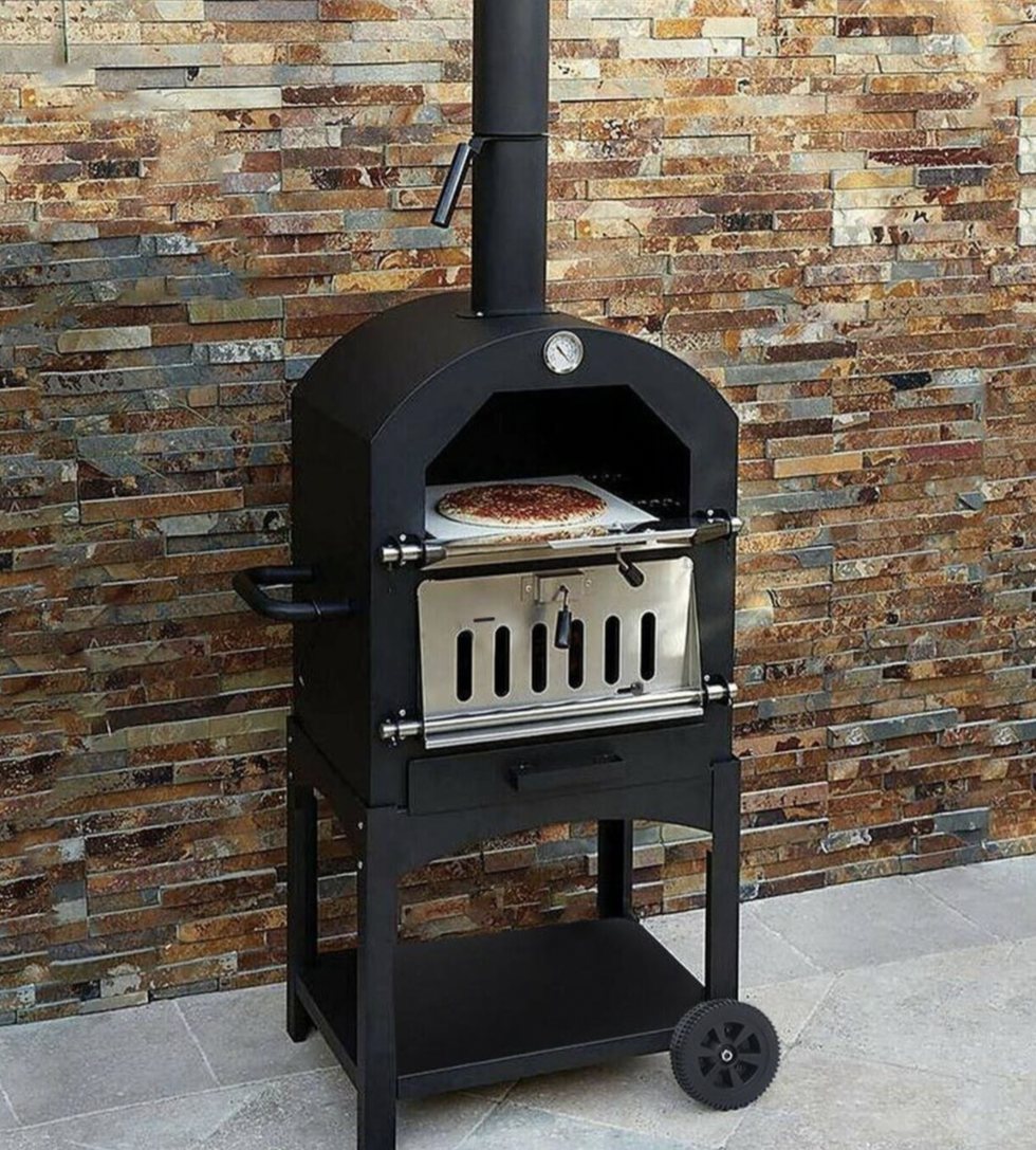 2 Tier Wood Charcoal Fire Pizza Oven With Chimney - Black
