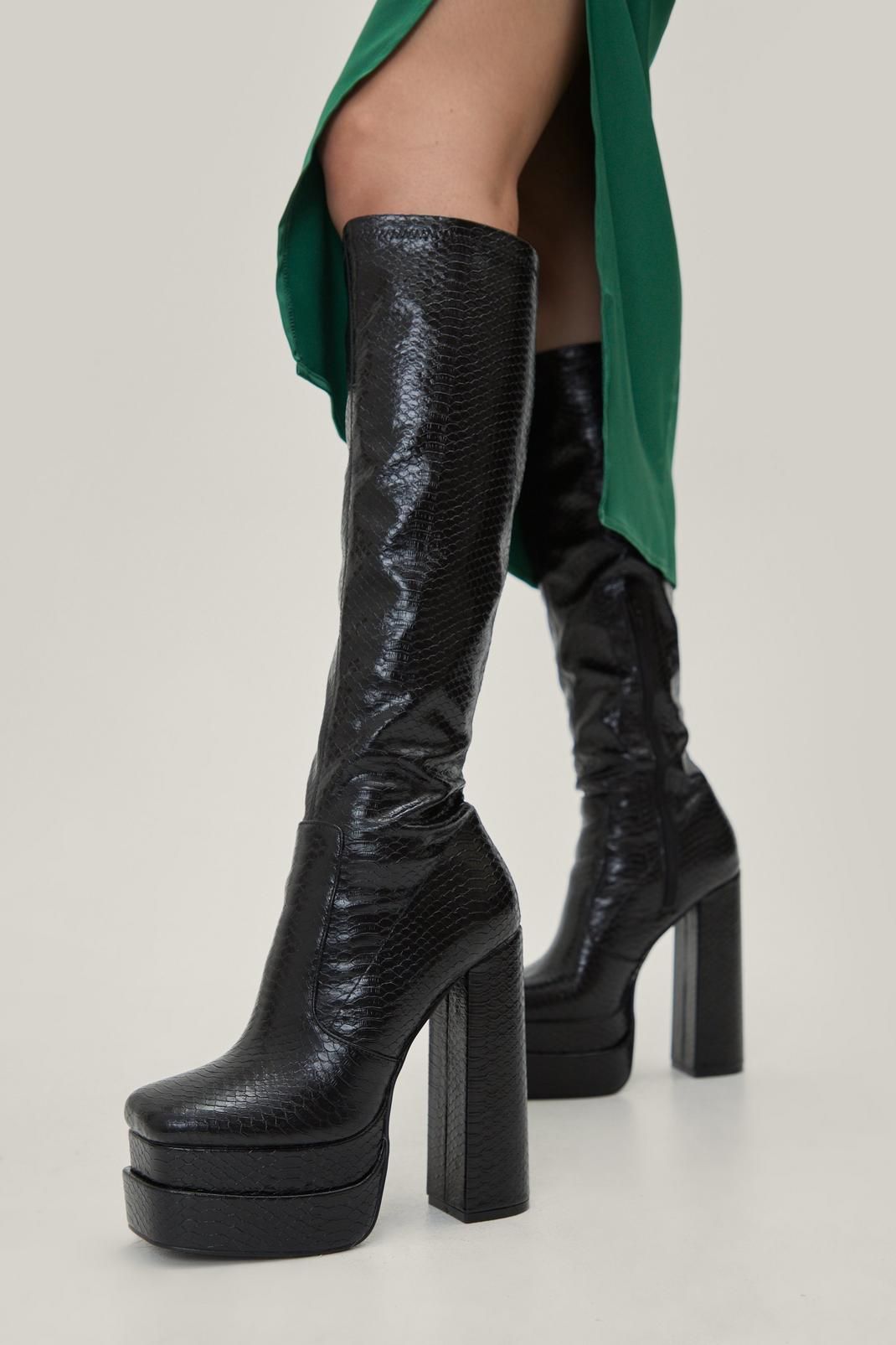 Embossed Lizard Faux Leather Platform Knee High Boots