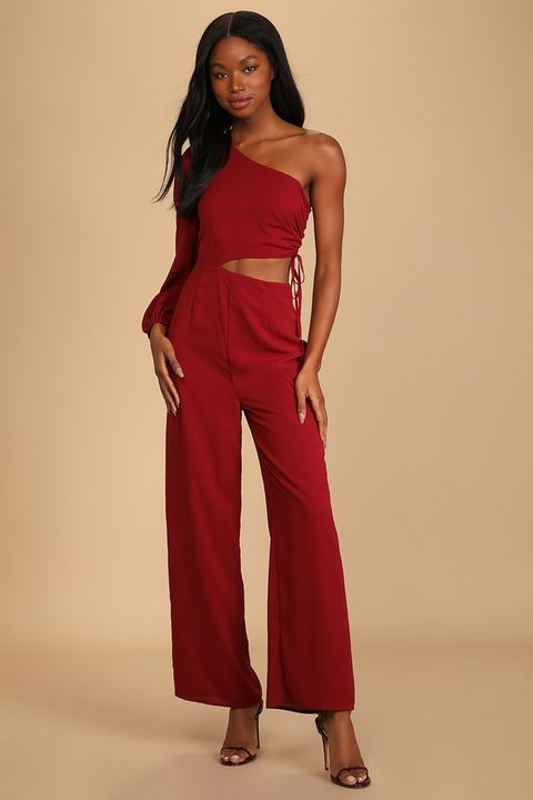 What To Wear On Valentines (2022) Dream Plans Wine Red One-Shoulder Cutout Jumpsuit