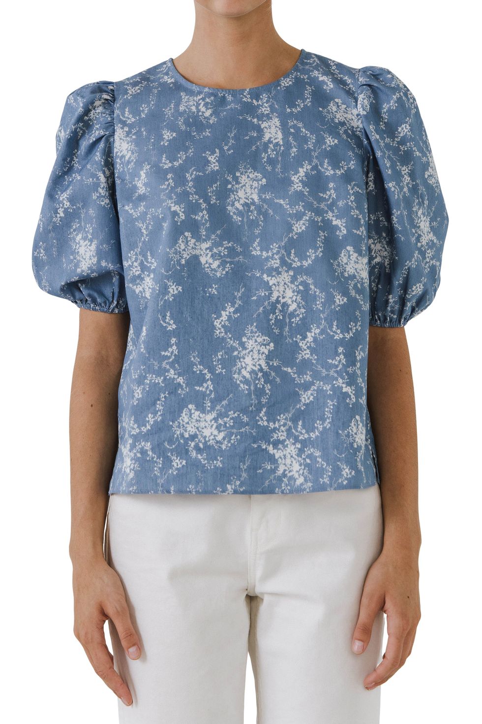 English Factory Floral Chambray Puff Sleeve Top