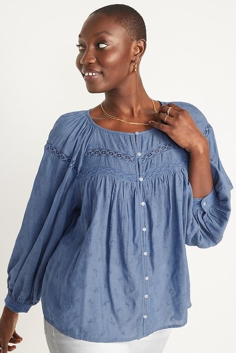 Lace-Trimmed Embroidered Chambray Blouse 