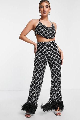 ASOS LUXE co-ord embellished flare trouser with faux feather hem in black and silver