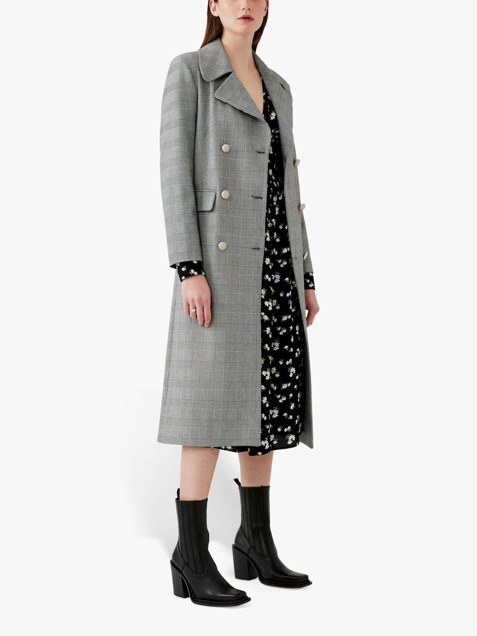 Ghost Ellie Long Check Coat, Light Grey