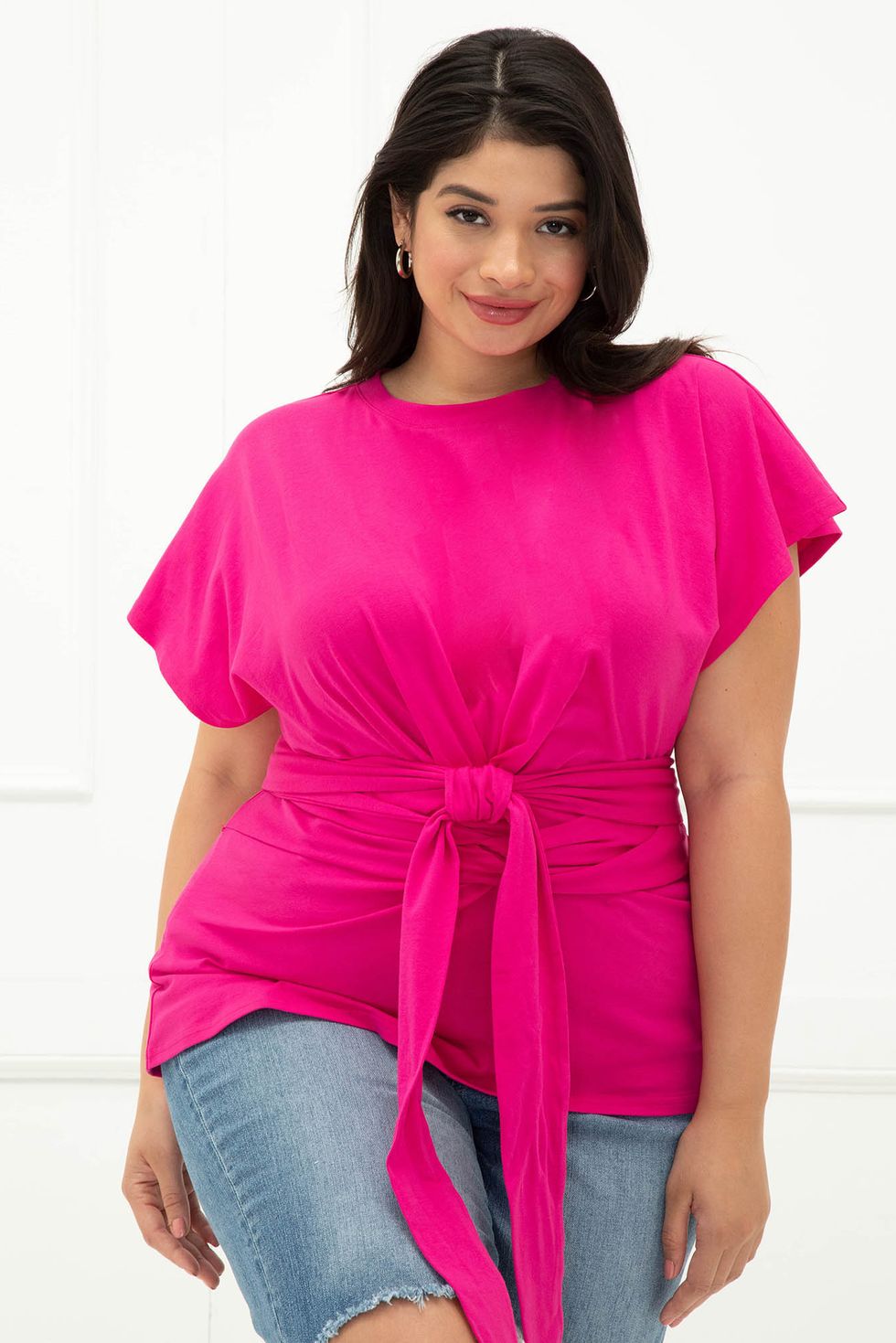 Women's Plus Size Tie-Waist T-Shirt With Flutter Sleeves