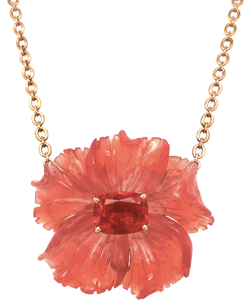 Carved Rhodochrosite with Fire Opal Center Flower Rose Gold Necklace
